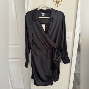 Black faux wrap silky dress